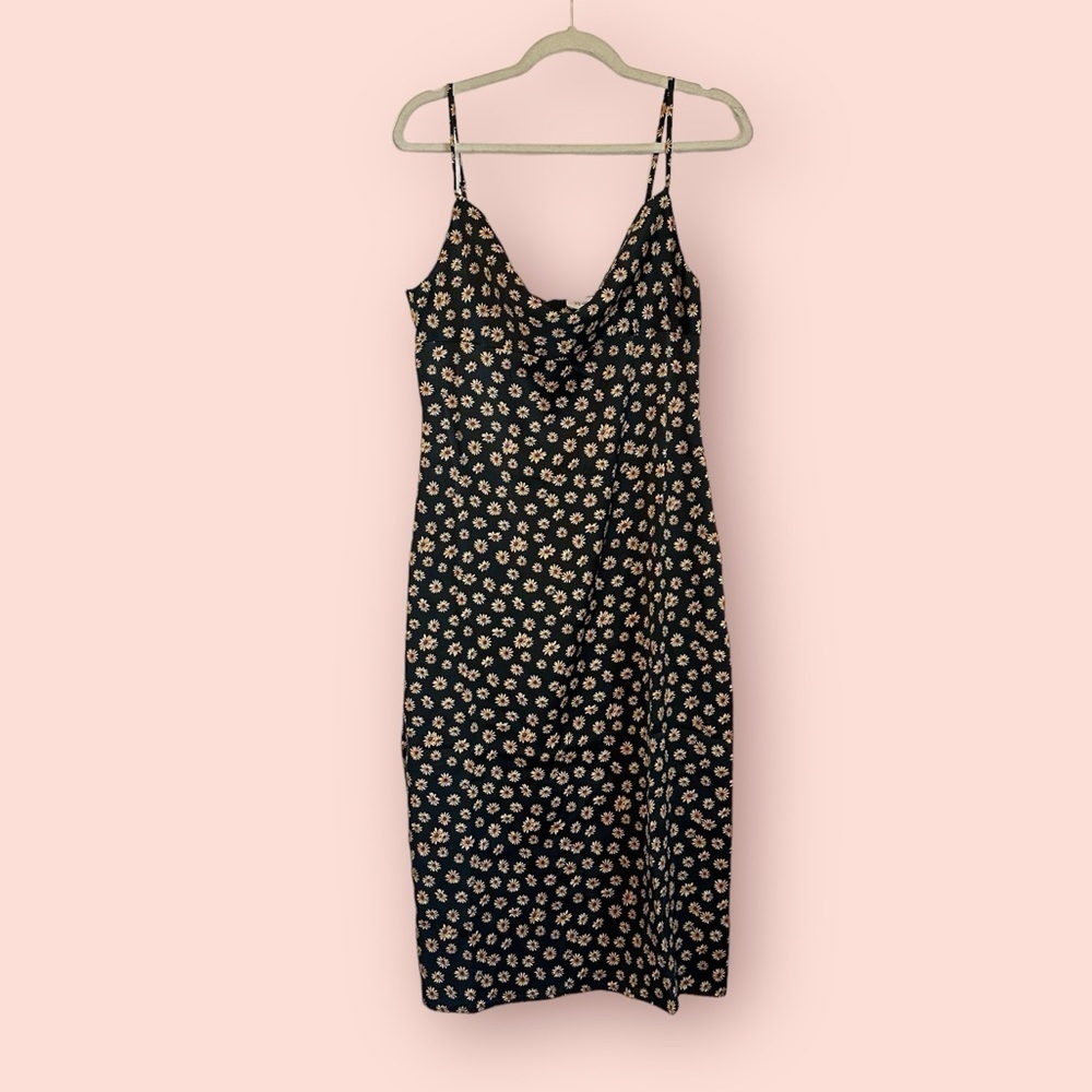 NWT WeWoreWhat 90s cowl midi dress black daisy print satin slip dress size 12